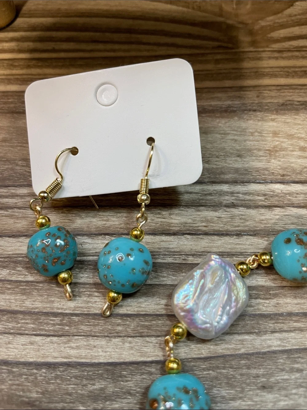 Turquoise Glass Beaded Necklace Earring Set Gold Speckled Baroque Pearl Real